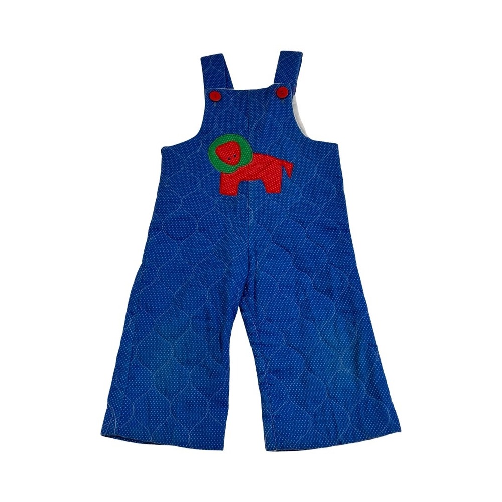 Adele Iden Vintage Blue Polka Dot Quilted Lion Applique Overalls 18 Months USA